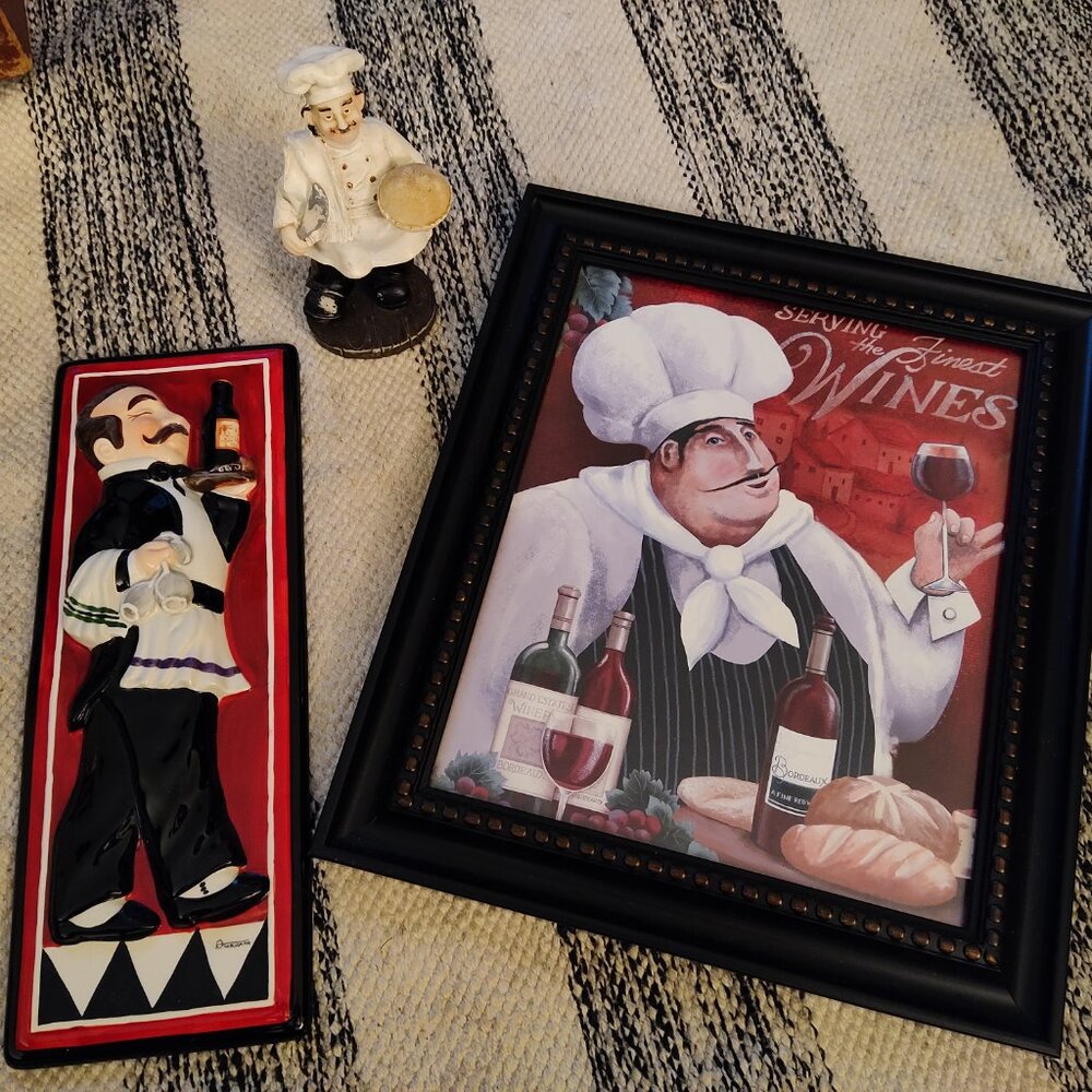 Kitchen Décor Chef Wine Print, Ceramic Figurine and Ceramic Wall Art